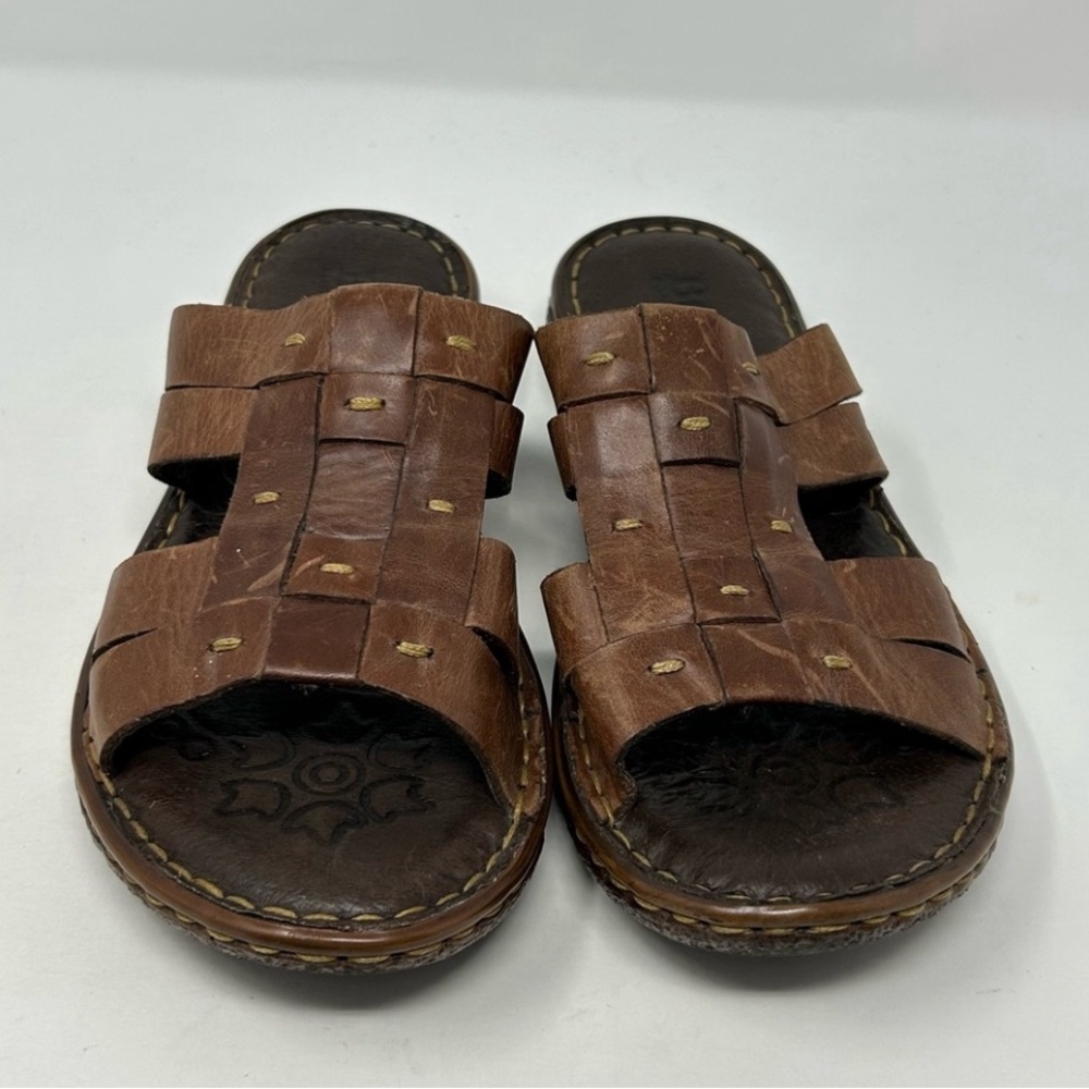 Born Brown Leather Woven Slide Sandals